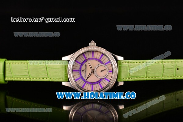 Jaeger-LeCoultre Lady Miyota Quartz Steel Case with White MOP Dial Green Leather Strap and Purple Stick Markers - Diamonds Bezel - Click Image to Close