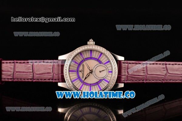 Jaeger-LeCoultre Lady Miyota Quartz Steel Case with White MOP Dial Purple Leather Strap and Purple Stick Markers - Diamonds Bezel - Click Image to Close