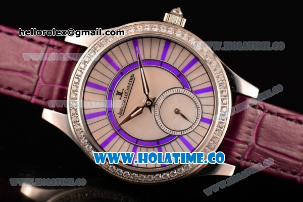 Jaeger-LeCoultre Lady Miyota Quartz Steel Case with White MOP Dial Purple Leather Strap and Purple Stick Markers - Diamonds Bezel - Click Image to Close