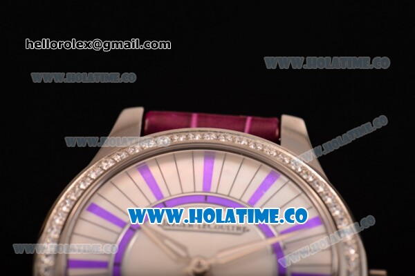 Jaeger-LeCoultre Lady Miyota Quartz Steel Case with White MOP Dial Purple Leather Strap and Purple Stick Markers - Diamonds Bezel - Click Image to Close