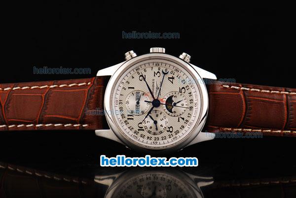 Longines MasterCollection Vollkalender Perpetual Calendar Automatic Movement Steel Case with White Dial and Brown Leather Strap - Click Image to Close