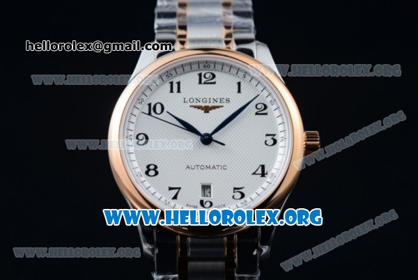 Longines Master Swiss ETA 2824 Automatic Two Tone Case with White Dial Arabic Numeral Markers and Rose Gold/Steel Bracelet (AAAF) - Click Image to Close