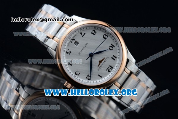 Longines Master Swiss ETA 2824 Automatic Two Tone Case with White Dial Arabic Numeral Markers and Rose Gold/Steel Bracelet (AAAF) - Click Image to Close