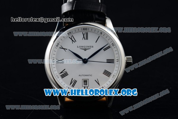 Longines Master Swiss ETA 2824 Automatic Steel Case with White Dial Roman Numeral Markers and Black Leather Strap (AAAF) - Click Image to Close
