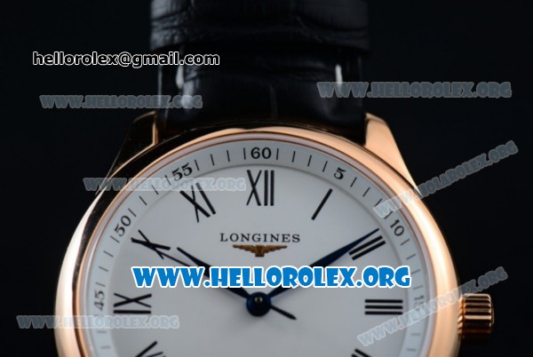 Longines Master Swiss ETA 2824 Automatic Rose Gold Case with White Dial and Black Leather Strap (AAAF) - Click Image to Close