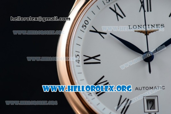 Longines Master Swiss ETA 2824 Automatic Rose Gold Case with White Dial and Black Leather Strap (AAAF) - Click Image to Close