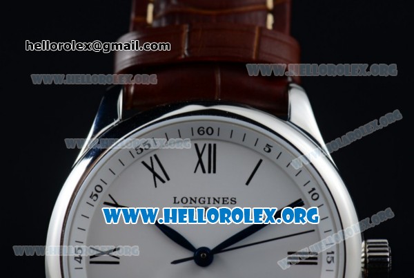 Longines Master Swiss ETA 2824 Automatic Steel Case with White Dial Roman Numeral Markers and Brown Leather Strap (AAAF) - Click Image to Close