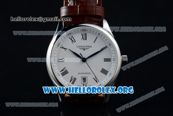 Longines Master Swiss ETA 2824 Automatic Steel Case with White Dial Roman Numeral Markers and Brown Leather Strap (AAAF) - Click Image to Close