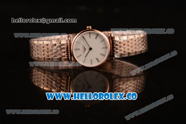 Longines La Grande Classique SWISS QUARTZ Rose Gold Case with White Dial Roman Numeral Markers and Rose Gold Bracelet - Click Image to Close