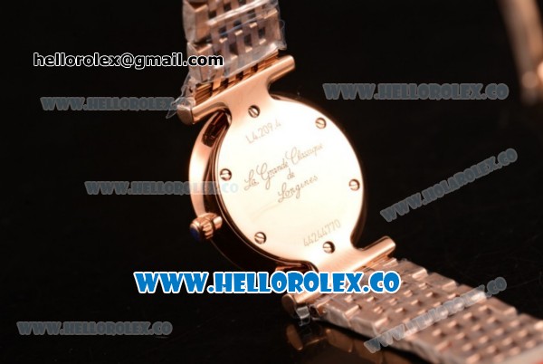 Longines La Grande Classique SWISS QUARTZ Rose Gold Case with White Dial Roman Numeral Markers and Rose Gold Bracelet - Click Image to Close