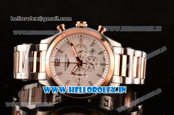 Longines Conquest Classic Chrono Miyota OS20 Quartz Two Tone with White Dial and Rose Gold Bezel - Click Image to Close