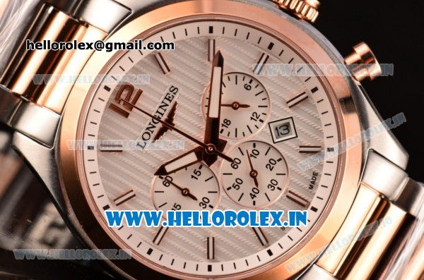 Longines Conquest Classic Chrono Miyota OS20 Quartz Two Tone with White Dial and Rose Gold Bezel - Click Image to Close