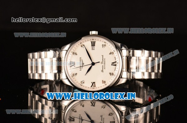 Longines Master Swiss ETA 2824 Automatic Full Steel with White Dial and Diamonds/Roman Numeral Markers - Click Image to Close