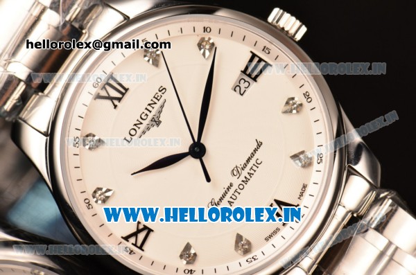 Longines Master Swiss ETA 2824 Automatic Full Steel with White Dial and Diamonds/Roman Numeral Markers - Click Image to Close