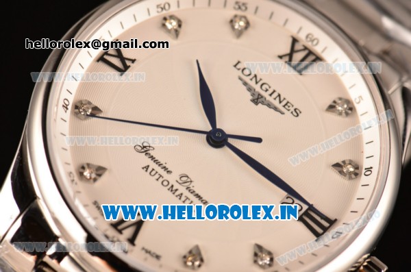Longines Master Swiss ETA 2824 Automatic Full Steel with White Dial and Diamonds/Roman Numeral Markers - Click Image to Close
