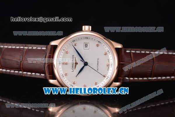 Longines Master Swiss ETA 2824 Automatic Rose Gold Case with White Dial Diamonds Markers and Brown Leather Strap (ZF) - Click Image to Close