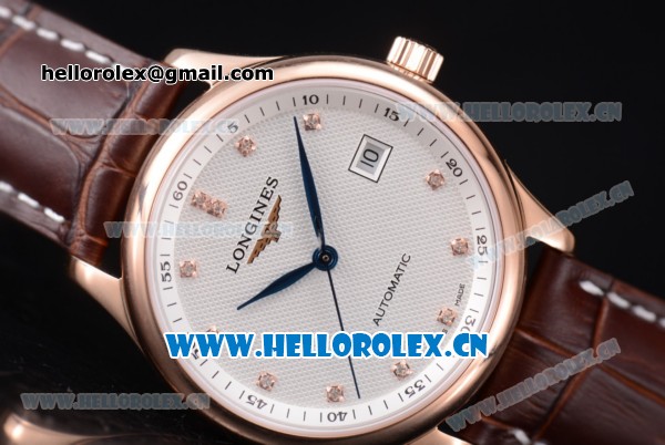 Longines Master Swiss ETA 2824 Automatic Rose Gold Case with White Dial Diamonds Markers and Brown Leather Strap (ZF) - Click Image to Close