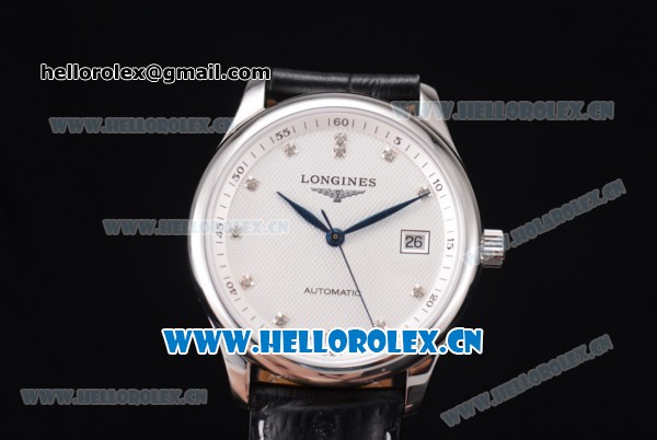 Longines Master Swiss ETA 2824 Automatic Steel Case with White Dial Diamonds Markers and Black Leather Strap (ZF) - Click Image to Close