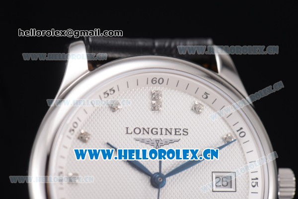 Longines Master Swiss ETA 2824 Automatic Steel Case with White Dial Diamonds Markers and Black Leather Strap (ZF) - Click Image to Close