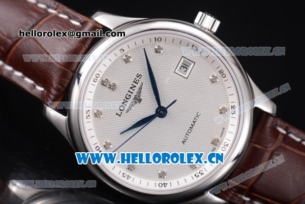 Longines Master Swiss ETA 2824 Automatic Steel Case with White Dial Diamonds Markers and Brown Leather Strap (ZF) - Click Image to Close