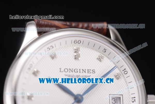 Longines Master Swiss ETA 2824 Automatic Steel Case with White Dial Diamonds Markers and Brown Leather Strap (ZF) - Click Image to Close
