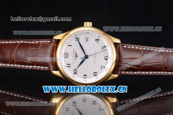 Longines Master Date Swiss ETA 2824 Automatic Yellow Gold Case with White Dial Arabic Numeral Markers and Brown Leather Strap - Click Image to Close