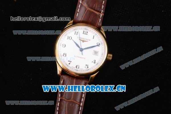 Longines Master Date Swiss ETA 2824 Automatic Yellow Gold Case with White Dial Arabic Numeral Markers and Brown Leather Strap - Click Image to Close