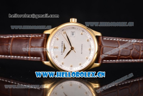 Longines Master Date Swiss ETA 2824 Automatic Yellow Gold Case with White Dial Diamonds Markers and Brown Leather Strap - Click Image to Close