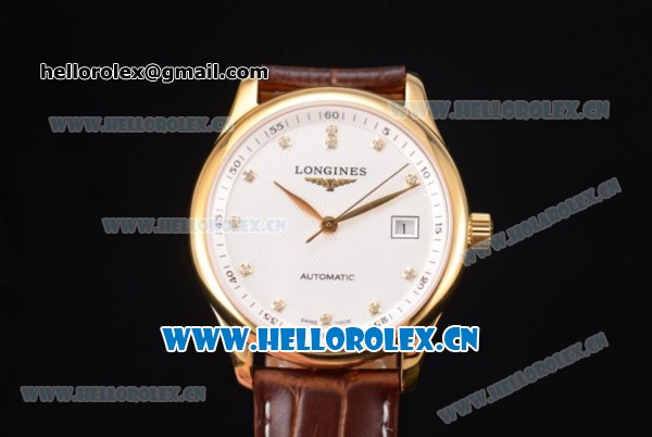 Longines Master Date Swiss ETA 2824 Automatic Yellow Gold Case with White Dial Diamonds Markers and Brown Leather Strap - Click Image to Close