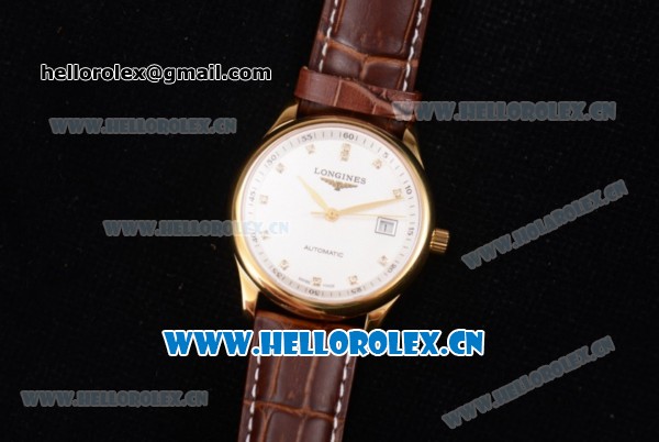 Longines Master Date Swiss ETA 2824 Automatic Yellow Gold Case with White Dial Diamonds Markers and Brown Leather Strap - Click Image to Close