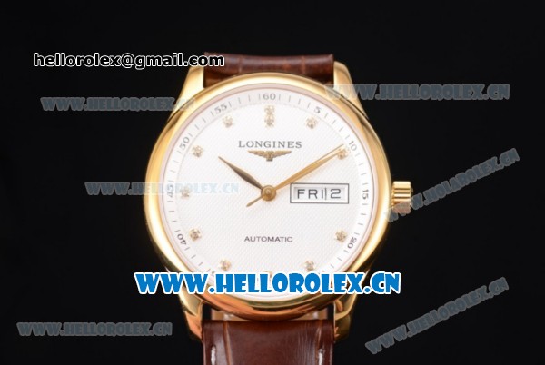 Longines Master Day Date Swiss ETA 2824 Automatic Yellow Gold Case with White Dial Diamonds Markers and Brown Leather Strap - Click Image to Close