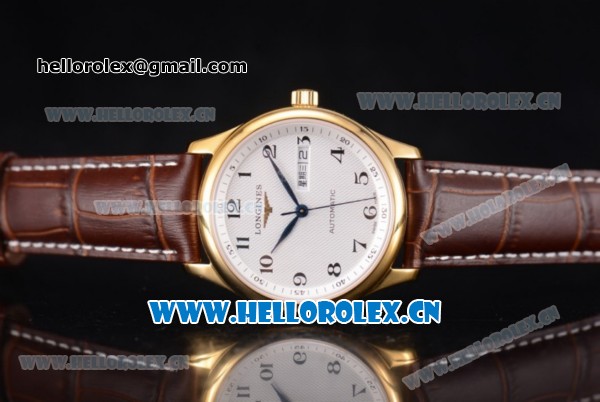 Longines Master Day Date Swiss ETA 2824 Automatic Yellow Gold Case with White Dial Arabic Numeral Markers and Brown Leather Strap - Click Image to Close