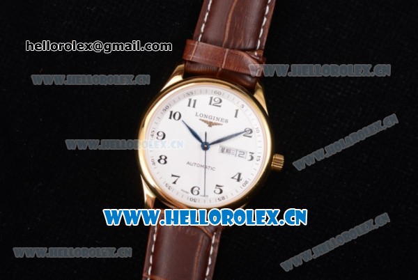 Longines Master Day Date Swiss ETA 2824 Automatic Yellow Gold Case with White Dial Arabic Numeral Markers and Brown Leather Strap - Click Image to Close
