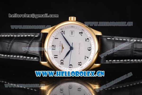 Longines Master Date Swiss ETA 2824 Automatic Yellow Gold Case with White Dial Arabic Numeral Markers and Black Leather Strap - Click Image to Close