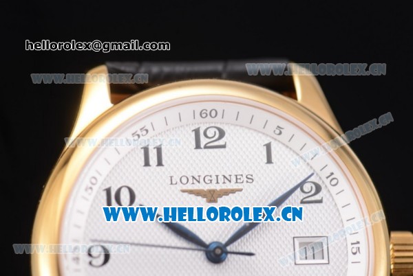 Longines Master Date Swiss ETA 2824 Automatic Yellow Gold Case with White Dial Arabic Numeral Markers and Black Leather Strap - Click Image to Close