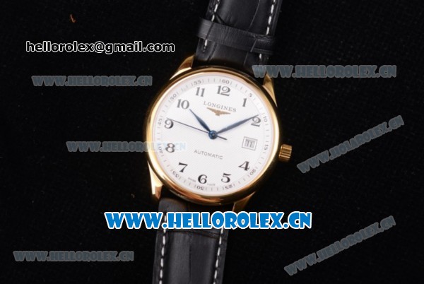 Longines Master Date Swiss ETA 2824 Automatic Yellow Gold Case with White Dial Arabic Numeral Markers and Black Leather Strap - Click Image to Close