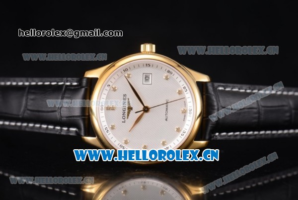 Longines Master Date Swiss ETA 2824 Automatic Yellow Gold Case with White Dial Black Leather Strap and Diamonds Markers - Click Image to Close