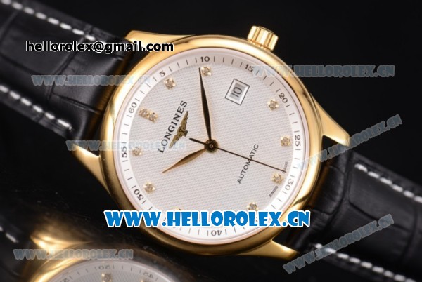 Longines Master Date Swiss ETA 2824 Automatic Yellow Gold Case with White Dial Black Leather Strap and Diamonds Markers - Click Image to Close