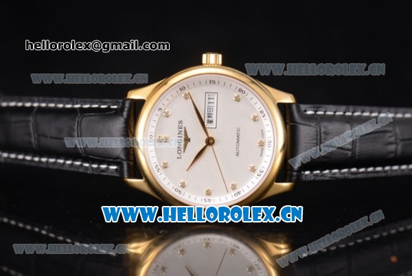 Longines Master Day Date Swiss ETA 2824 Automatic Yellow Gold Case with White Dial Black Leather Strap and Diamonds Markers - Click Image to Close