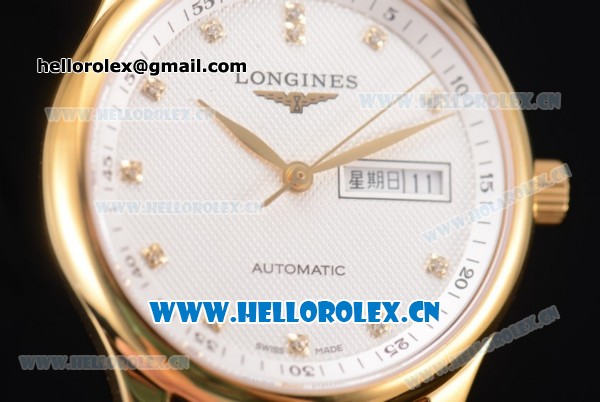 Longines Master Day Date Swiss ETA 2824 Automatic Yellow Gold Case with White Dial Black Leather Strap and Diamonds Markers - Click Image to Close
