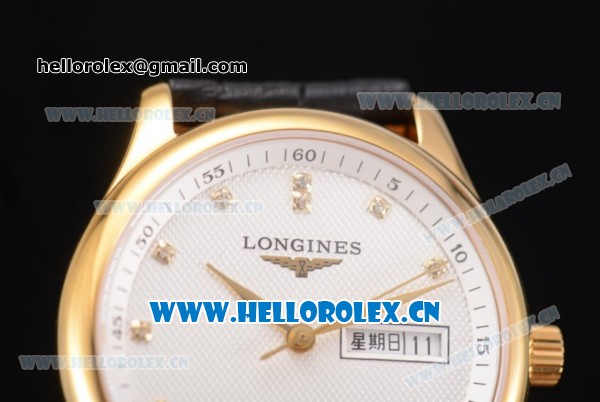 Longines Master Day Date Swiss ETA 2824 Automatic Yellow Gold Case with White Dial Black Leather Strap and Diamonds Markers - Click Image to Close