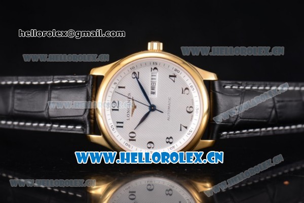 Longines Master Day Date Swiss ETA 2824 Automatic Yellow Gold Case with White Dial Black Leather Strap and Arabic Numeral Markers - Click Image to Close