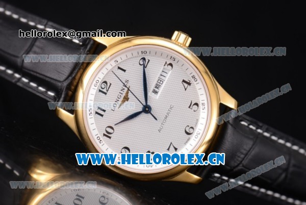 Longines Master Day Date Swiss ETA 2824 Automatic Yellow Gold Case with White Dial Black Leather Strap and Arabic Numeral Markers - Click Image to Close