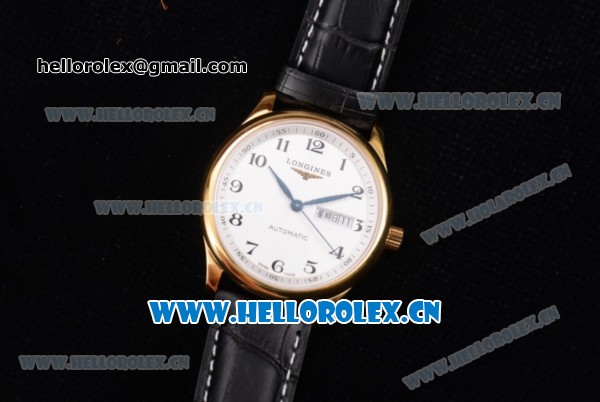 Longines Master Day Date Swiss ETA 2824 Automatic Yellow Gold Case with White Dial Black Leather Strap and Arabic Numeral Markers - Click Image to Close