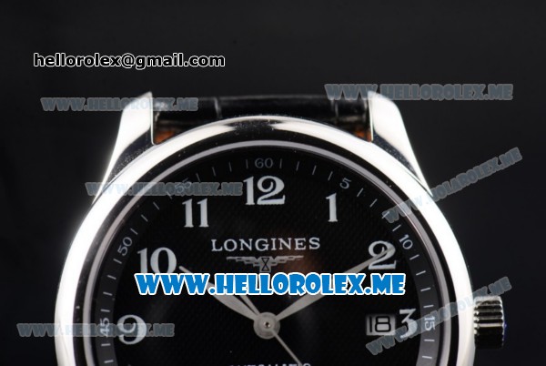 Longines Master Power Reserve Swiss ETA 2824 Automatic Steel Case with Black Dial and Black Leather Strap Arabic Numeral Markers - Click Image to Close