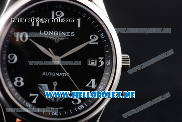 Longines Master Power Reserve Swiss ETA 2824 Automatic Steel Case with Black Dial and Black Leather Strap Arabic Numeral Markers - Click Image to Close