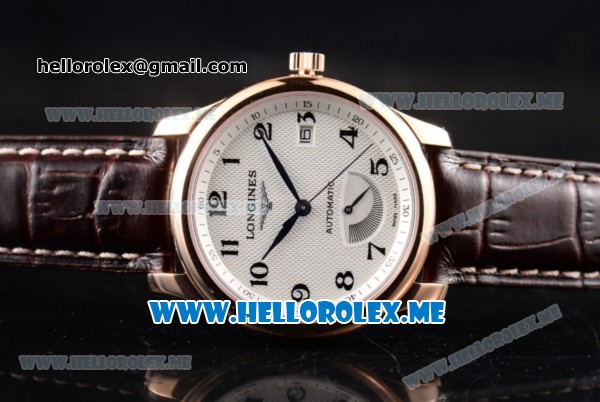Longines Master Power Reserve Swiss ETA 2824 Automatic Rose Gold Case with White Dial and Brown Leather Strap Arabic Numeral Markers - Click Image to Close