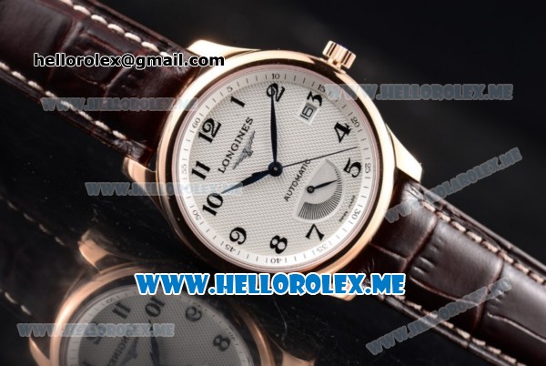 Longines Master Power Reserve Swiss ETA 2824 Automatic Rose Gold Case with White Dial and Brown Leather Strap Arabic Numeral Markers - Click Image to Close