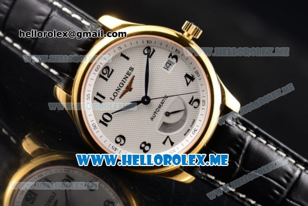 Longines Master Power Reserve Swiss ETA 2824 Automatic Yellow Gold Case with White Dial and Black Leather Strap Arabic Numeral Markers - Click Image to Close