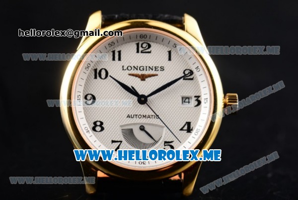 Longines Master Power Reserve Swiss ETA 2824 Automatic Yellow Gold Case with White Dial and Black Leather Strap Arabic Numeral Markers - Click Image to Close